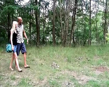 Skinny blonde German babe rides BBC outdoors