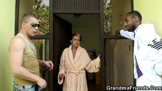Redhead granny gets 3some with BBC and white cock